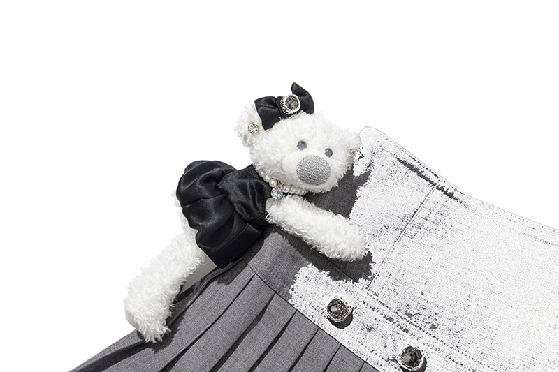 13DE MARZO Faux Rhinestones Double-Layer Pleated Skirt Grey