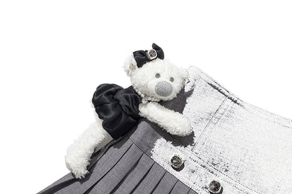 13DE MARZO Faux Rhinestones Double-Layer Pleated Skirt Grey