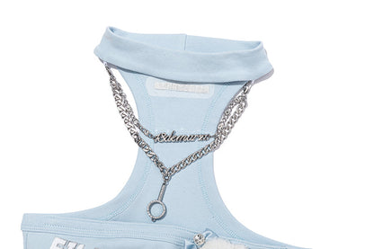 13DE MARZO Silver Foil Chain Print Bustier Top Blue