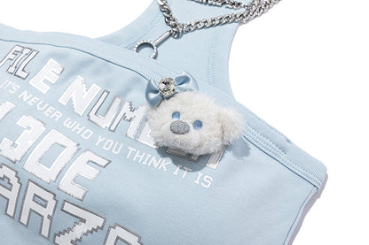 13DE MARZO Silver Foil Chain Print Bustier Top Blue