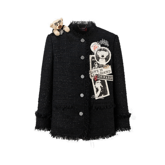 13DE MARZO Rolling Stones Badge Tweed Jacket Black