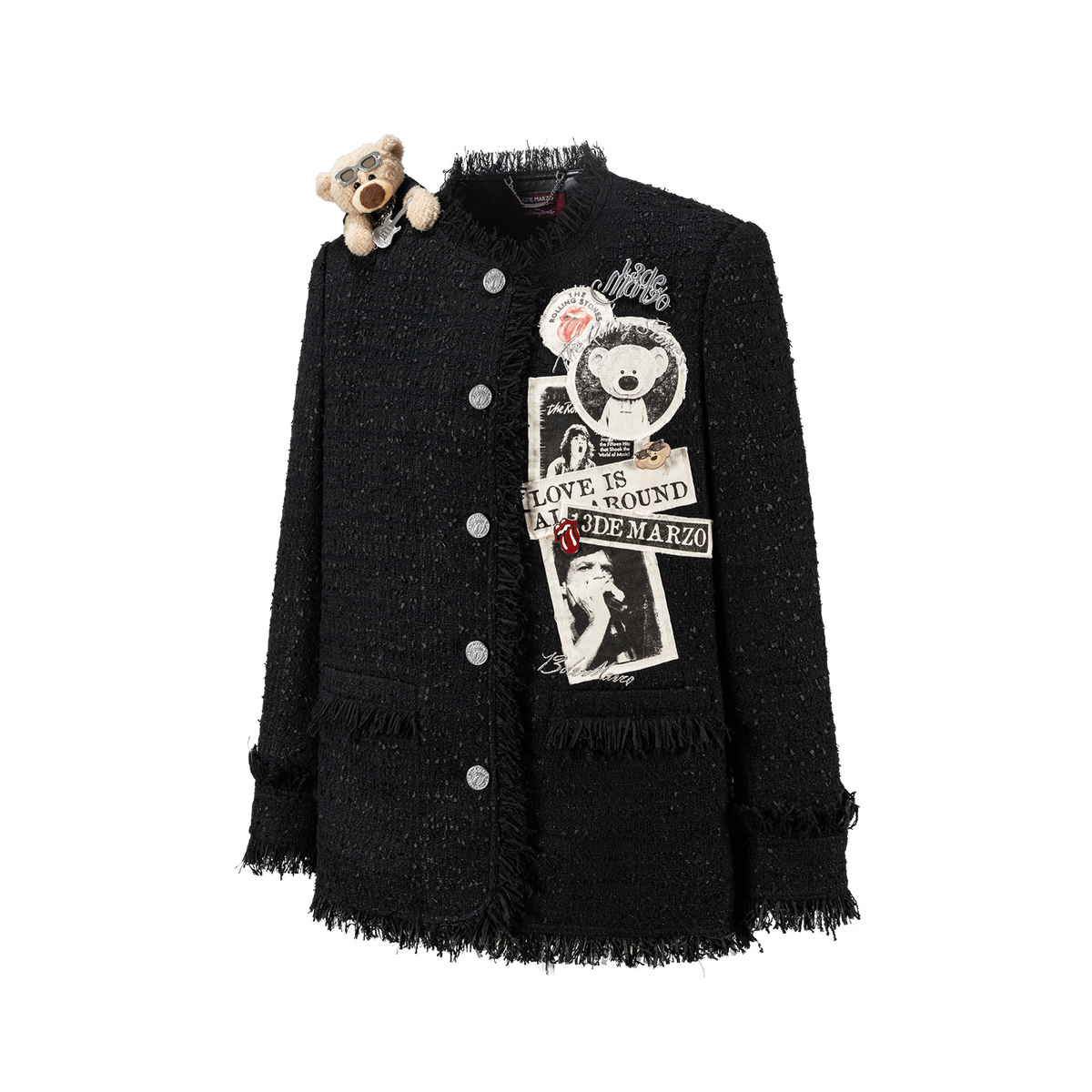 13DE MARZO Rolling Stones Badge Tweed Jacket Black