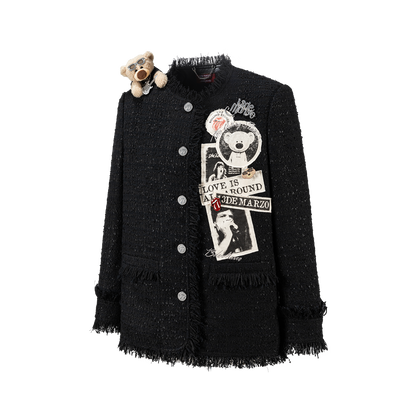 13DE MARZO Rolling Stones Badge Tweed Jacket Black