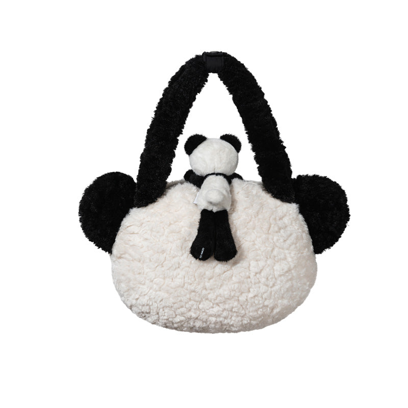 13DE MARZO Panda Bear Fuzzy Plush Bag White