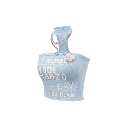 13DE MARZO Silver Foil Chain Print Bustier Top Blue
