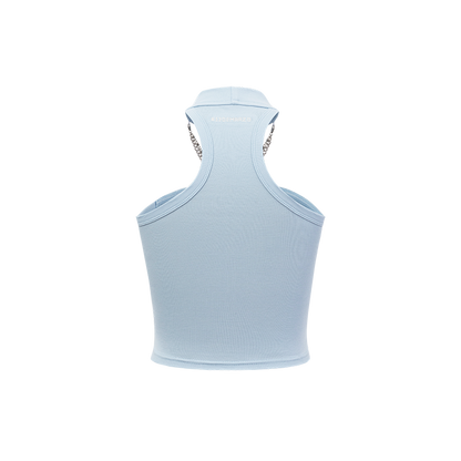 13DE MARZO Silver Foil Chain Print Bustier Top Blue