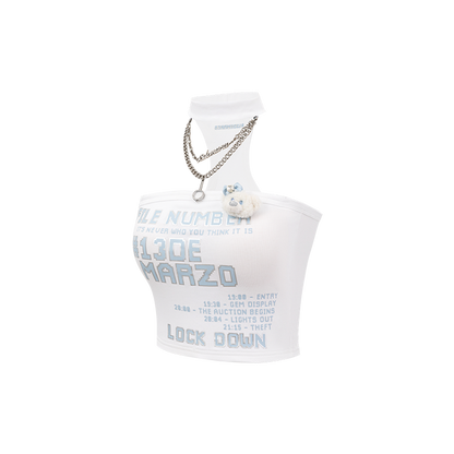 13DE MARZO Silver Foil Chain Print Bustier Top White