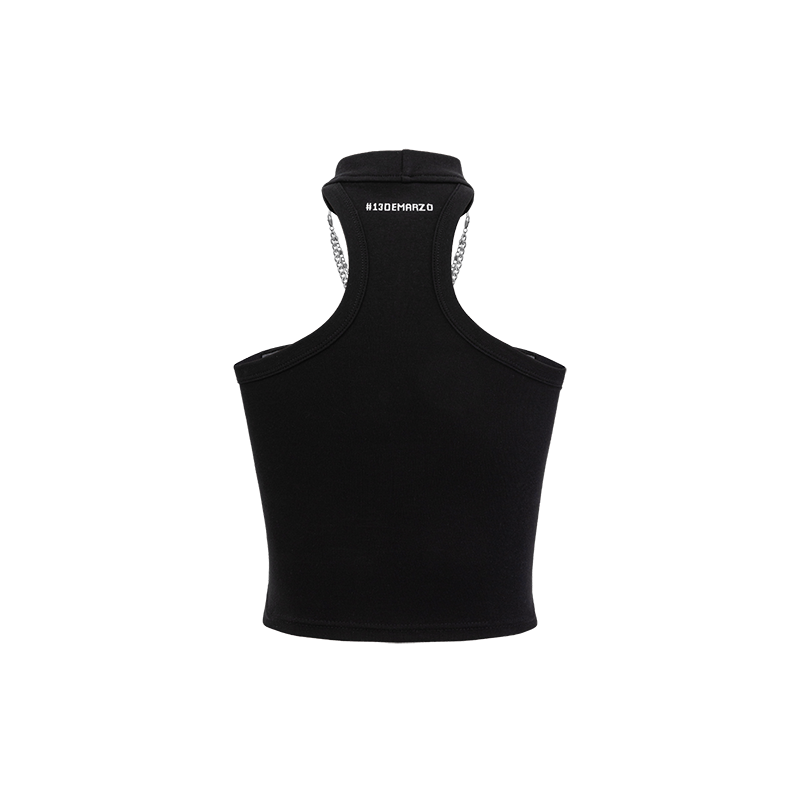 13DE MARZO Silver Foil Chain Print Bustier Top Black