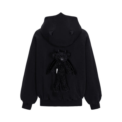 13DE MARZO Angel Devil Bear Zipped Hoodie Black