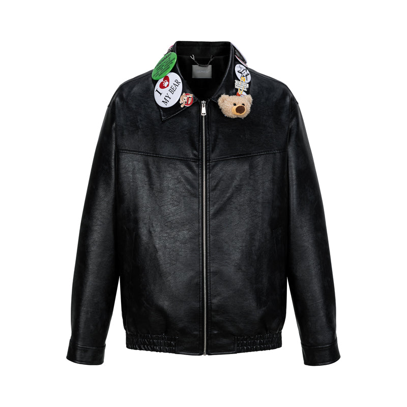 13DE MARZO Badge Leather Jacket Black