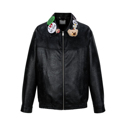 13DE MARZO Badge Leather Jacket Black