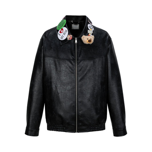 13DE MARZO Badge Leather Jacket Black