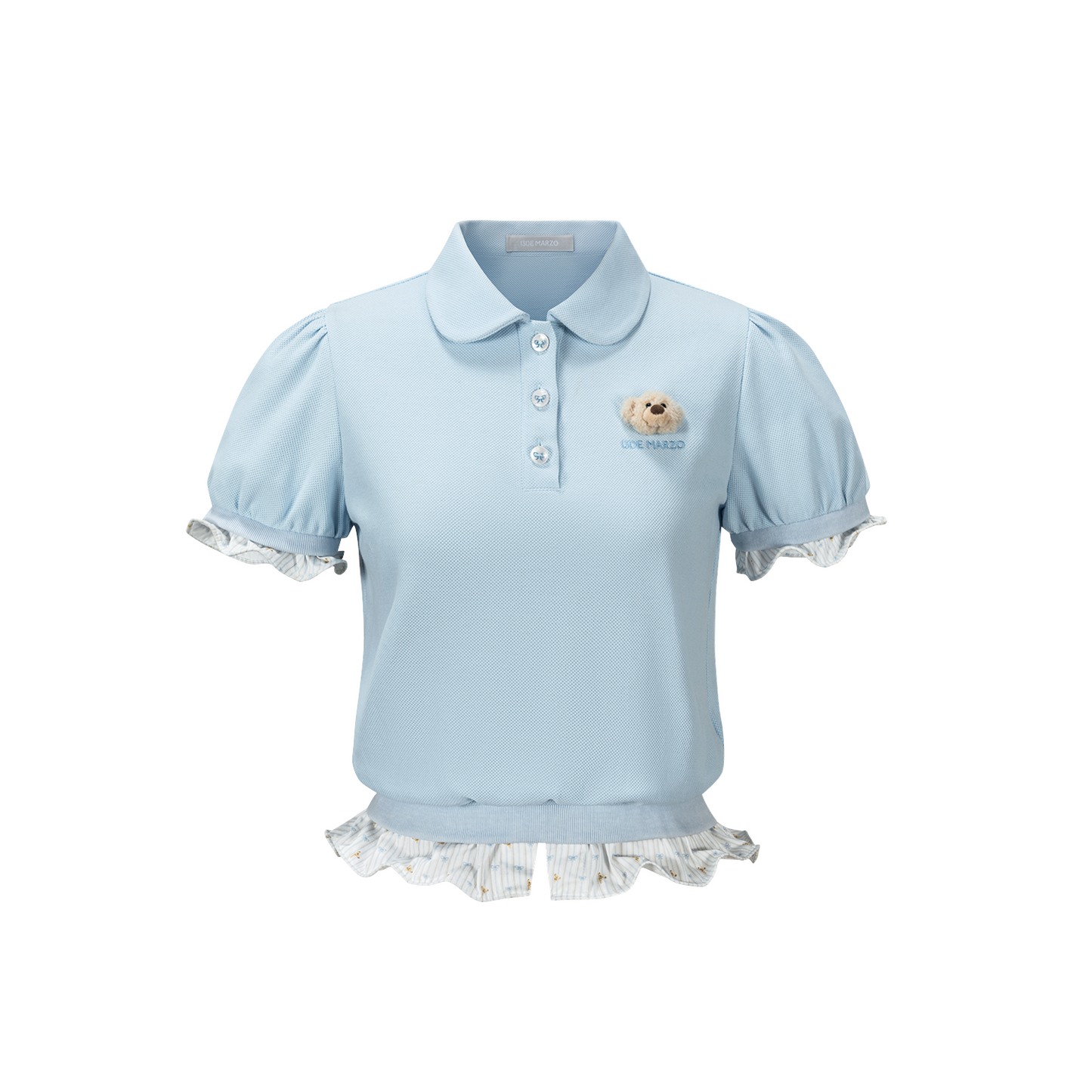 13DE MARZO Smocked Puff Sleeve Polo Style T-shirt Blue
