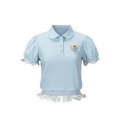 13DE MARZO Smocked Puff Sleeve Polo Style T-shirt Blue