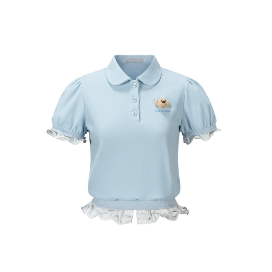 13DE MARZO Smocked Puff Sleeve Polo Style T-shirt Blue