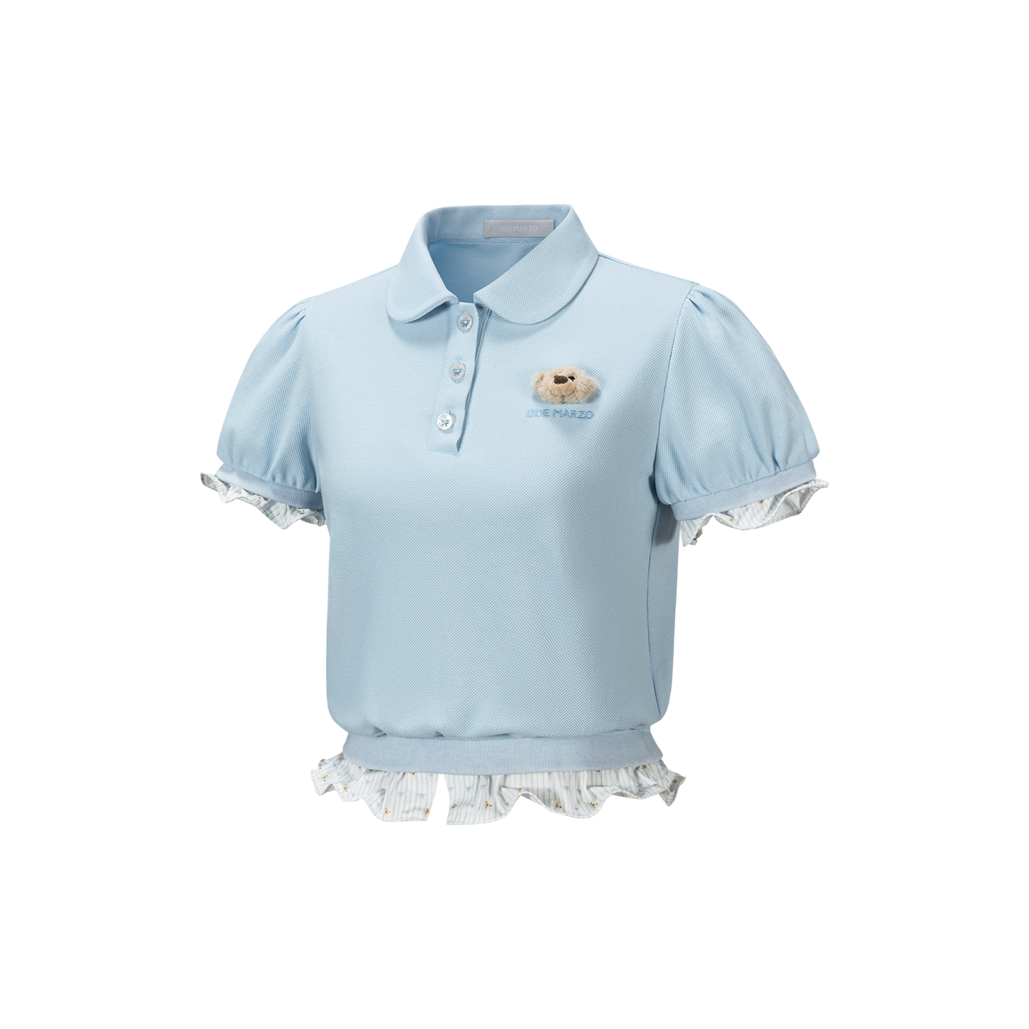 13DE MARZO Smocked Puff Sleeve Polo Style T-shirt Blue