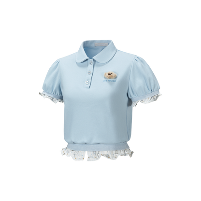 13DE MARZO Smocked Puff Sleeve Polo Style T-shirt Blue