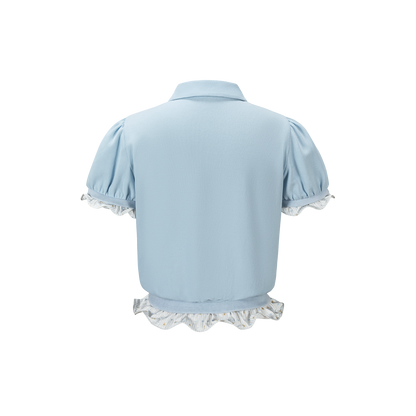 13DE MARZO Smocked Puff Sleeve Polo Style T-shirt Blue