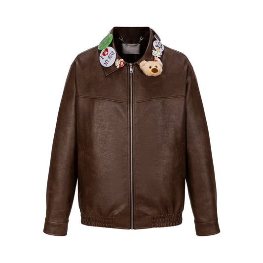 13DE MARZO Badge Leather Jacket Brown
