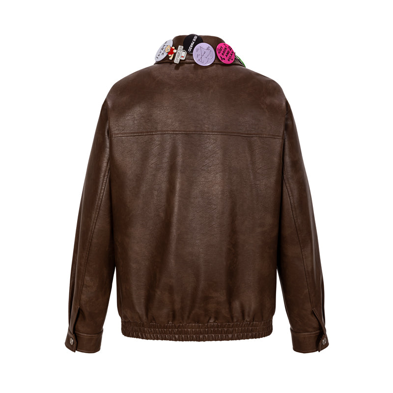 13DE MARZO Badge Leather Jacket Brown