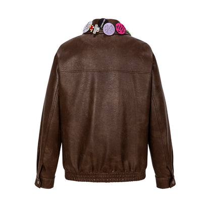 13DE MARZO Badge Leather Jacket Brown
