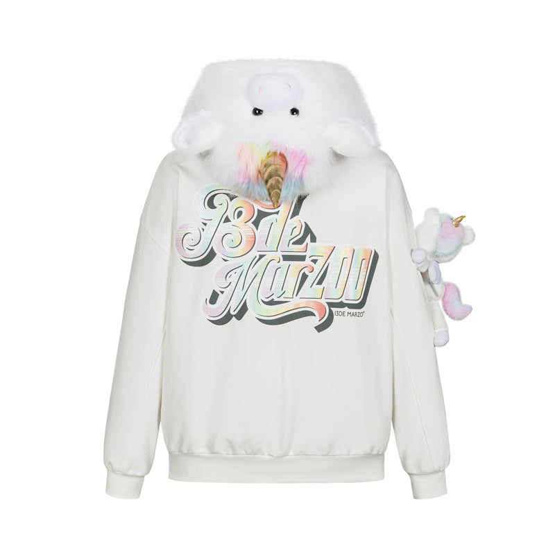 13DE MARZO Unicorn Bear Zipped Hoodie White