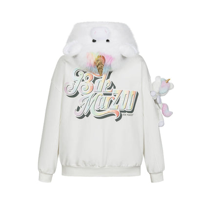 13DE MARZO Unicorn Bear Zipped Hoodie White