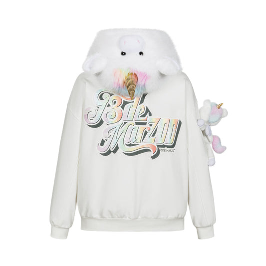 13DE MARZO Unicorn Bear Zipped Hoodie White