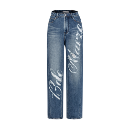 13DE MARZO Distressed Logo Decorated Jeans Blue