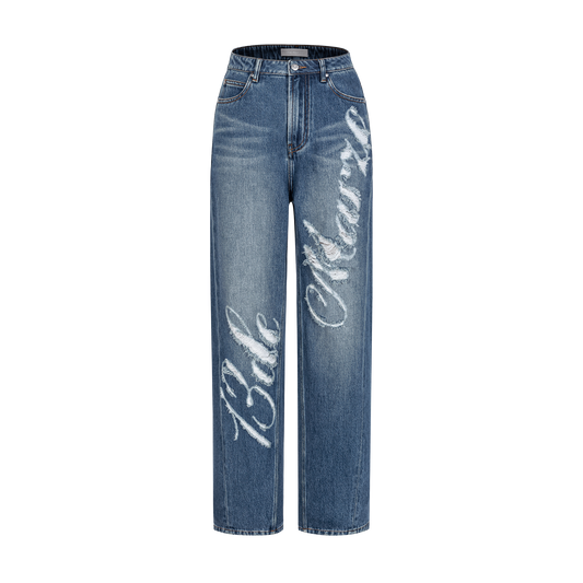 13DE MARZO Distressed Logo Decorated Jeans Blue