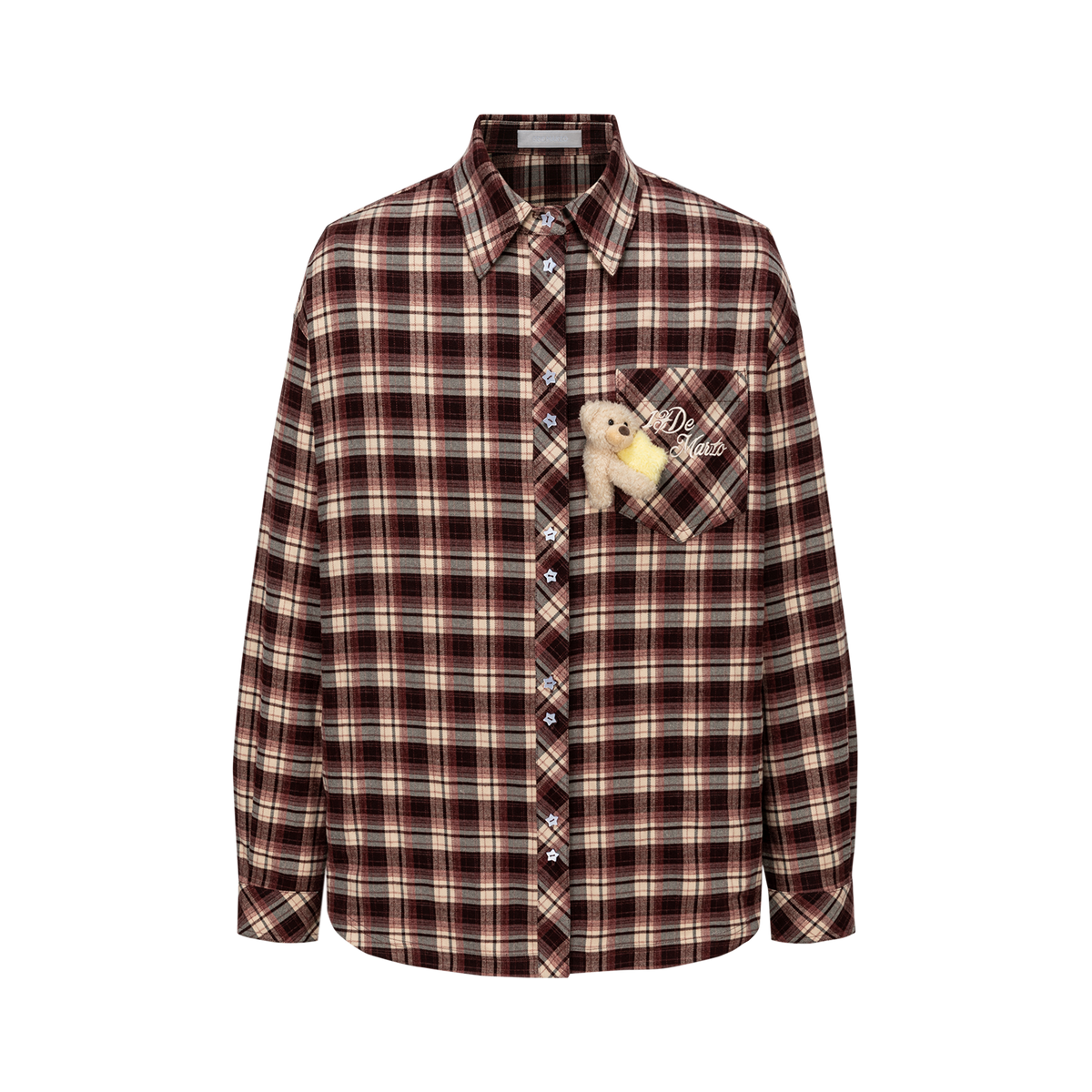 13DE MARZO Luminous Bear Long Sleeve Plaid Shirt Red