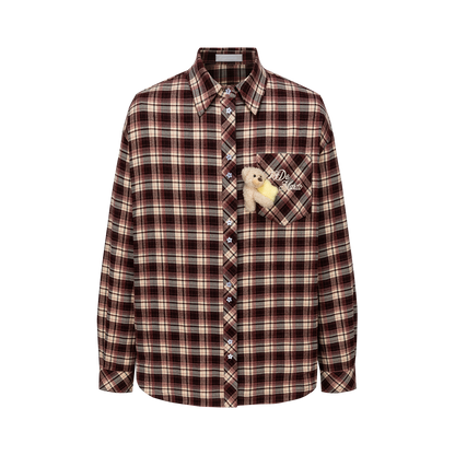 13DE MARZO Luminous Bear Long Sleeve Plaid Shirt Red