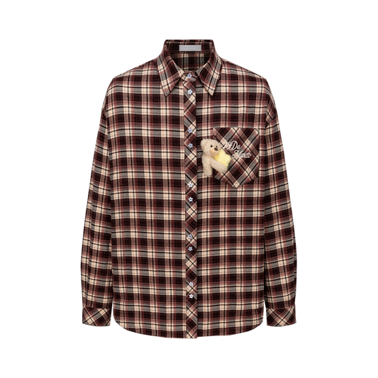 13DE MARZO Luminous Bear Long Sleeve Plaid Shirt Red