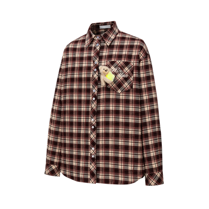 13DE MARZO Luminous Bear Long Sleeve Plaid Shirt Red
