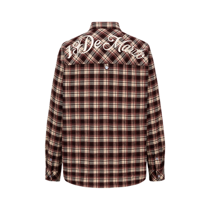 13DE MARZO Luminous Bear Long Sleeve Plaid Shirt Red