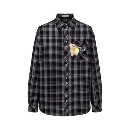 13DE MARZO Luminous Bear Long Sleeve Plaid Shirt Blue