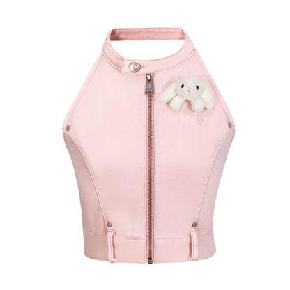 13DE MARZO Halter Denim Top Pink