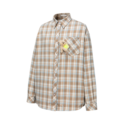 13DE MARZO Luminous Bear Long Sleeve Plaid Shirt Khaki