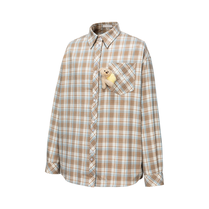 13DE MARZO Luminous Bear Long Sleeve Plaid Shirt Khaki