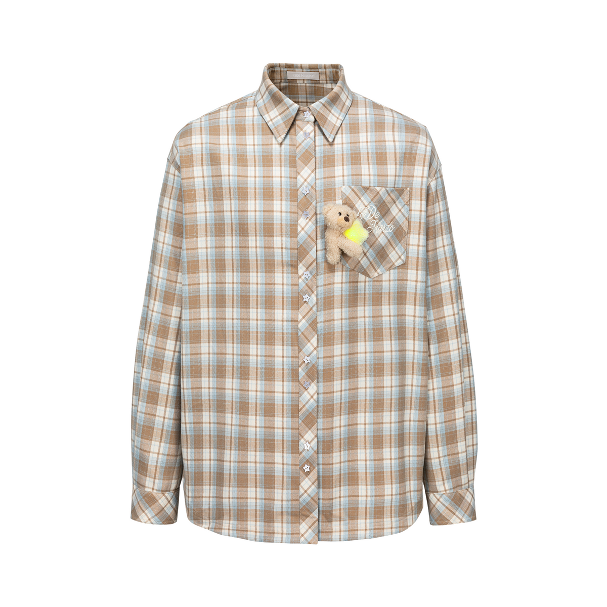 13DE MARZO Luminous Bear Long Sleeve Plaid Shirt Khaki
