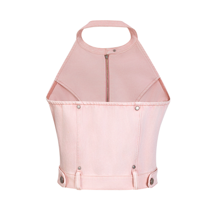 13DE MARZO Halter Denim Top Pink