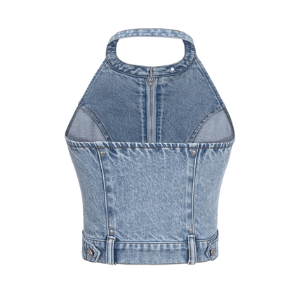 13DE MARZO Halter Denim Top Blue