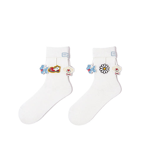 13DE MARZO Fringe Charm Mid-Calf Socks White