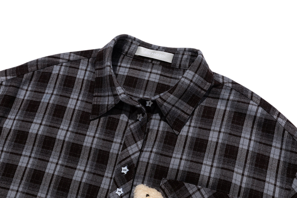 13DE MARZO Luminous Bear Long Sleeve Plaid Shirt Blue