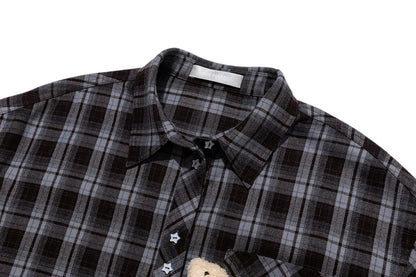 13DE MARZO Luminous Bear Long Sleeve Plaid Shirt Blue