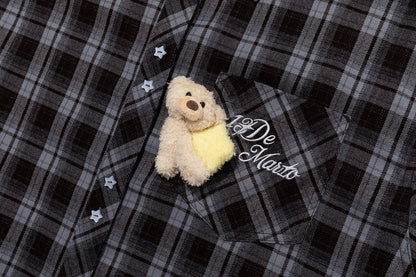 13DE MARZO Luminous Bear Long Sleeve Plaid Shirt Blue