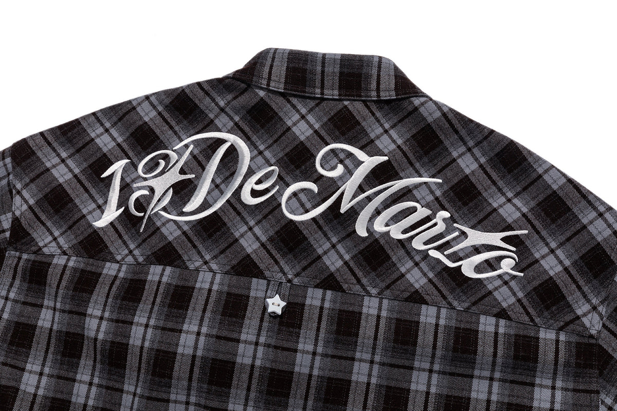 13DE MARZO Luminous Bear Long Sleeve Plaid Shirt Blue