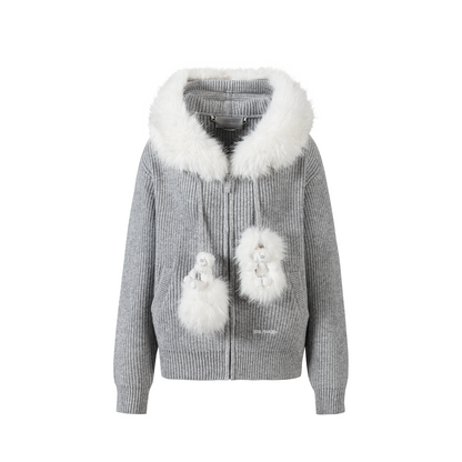 13DE MARZO Pom-pom Bear Fur Collar Knit Jacket Grey