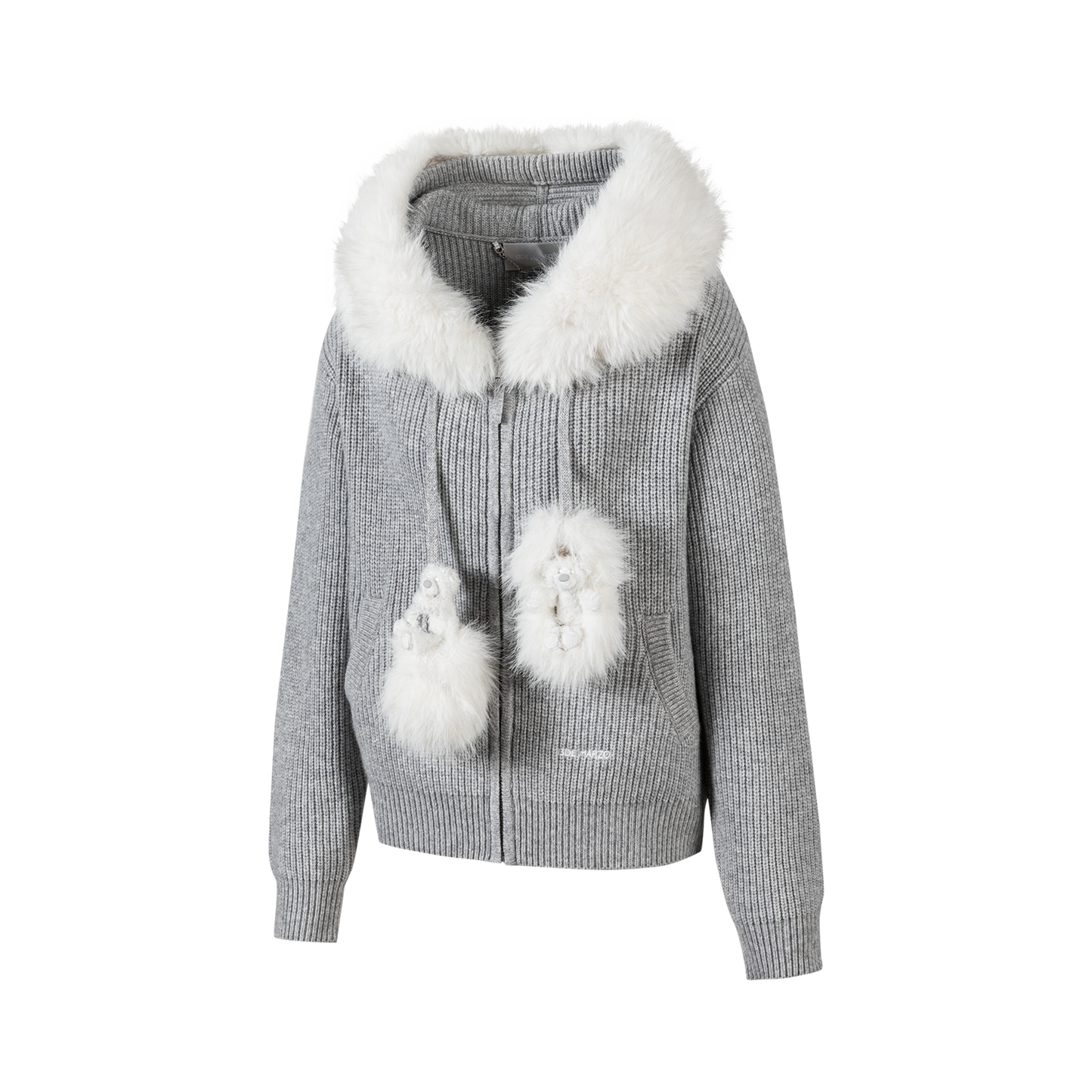 13DE MARZO Pom-pom Bear Fur Collar Knit Jacket Grey