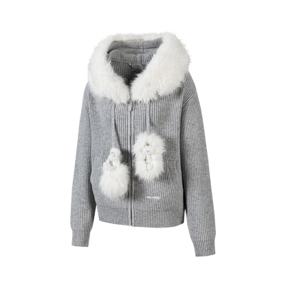 13DE MARZO Pom-pom Bear Fur Collar Knit Jacket Grey